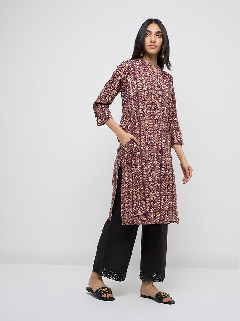 Utsa Purple Botanical Design Cotton-Blend Straight Kurta