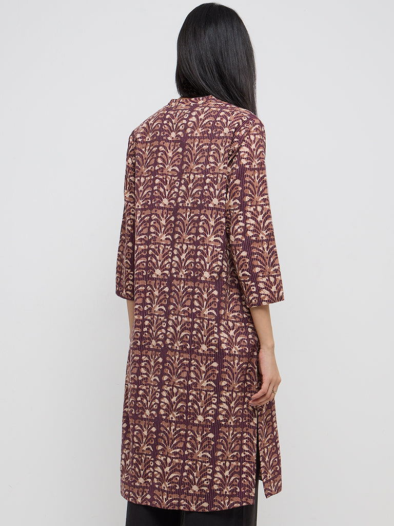 Utsa Purple Botanical Design Cotton-Blend Straight Kurta
