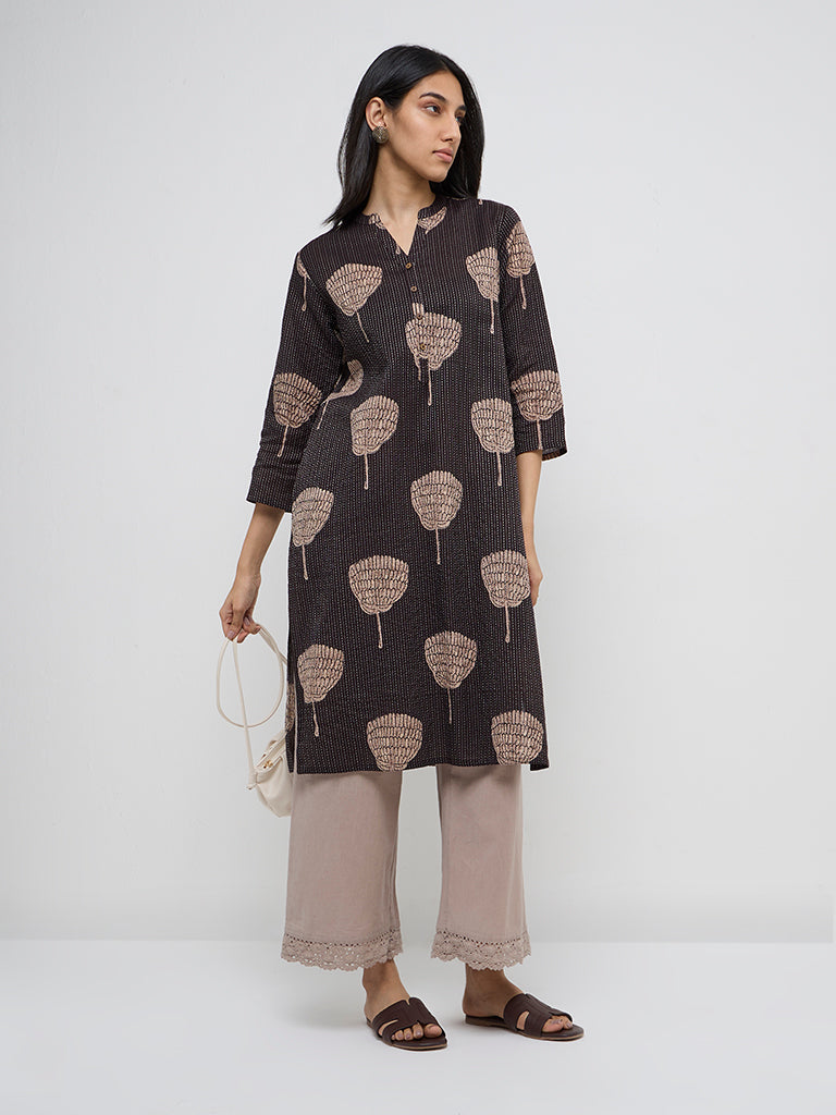 Utsa Black Floral Design Cotton-Blend Straight Kurta
