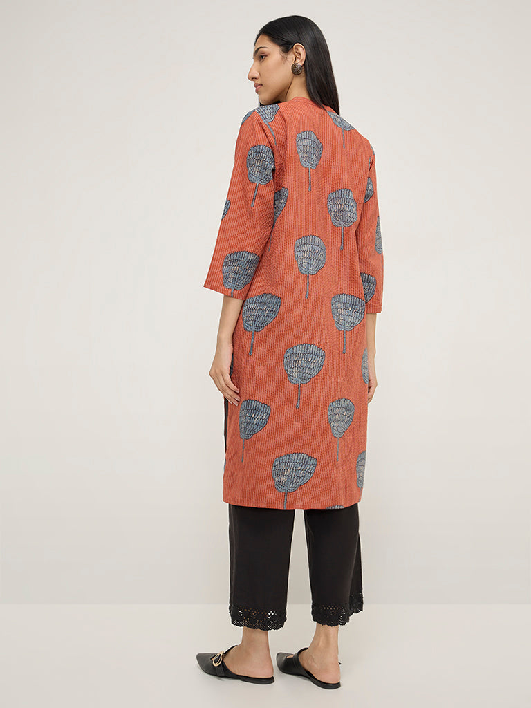 Utsa Rust Floral Printed Cotton-Blend Straight Kurta