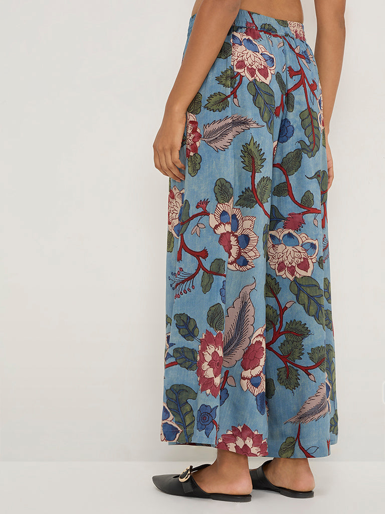 Utsa Blue Floral Printed High-Rise Palazzos