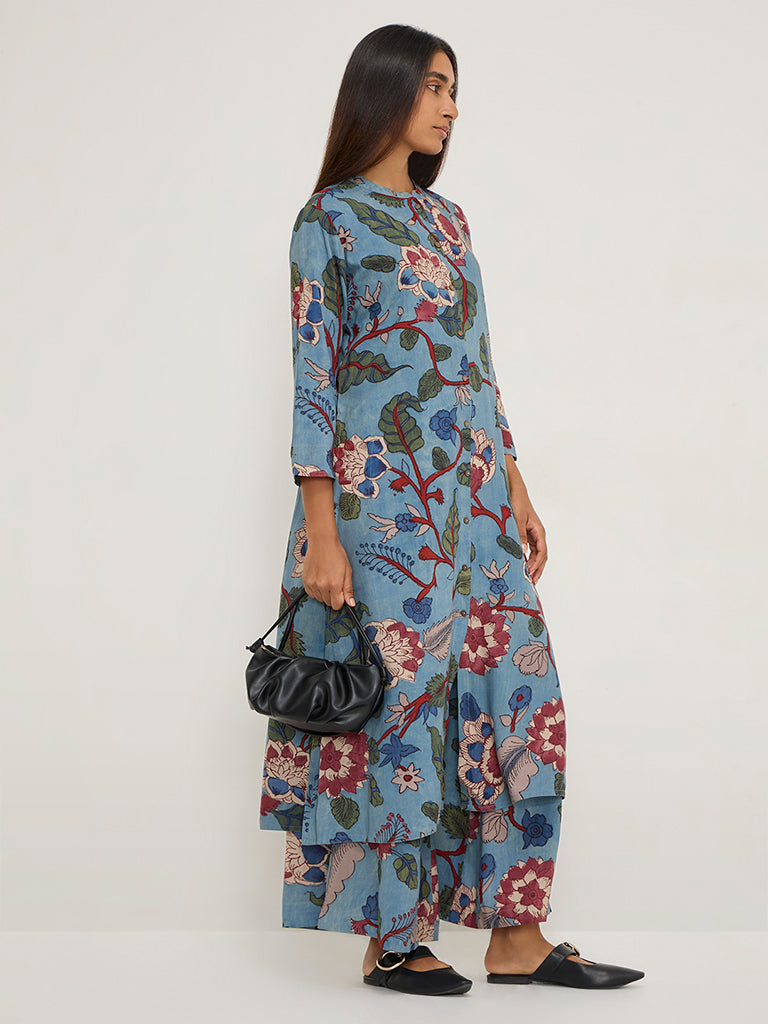 Utsa Blue Floral Printed High-Rise Palazzos