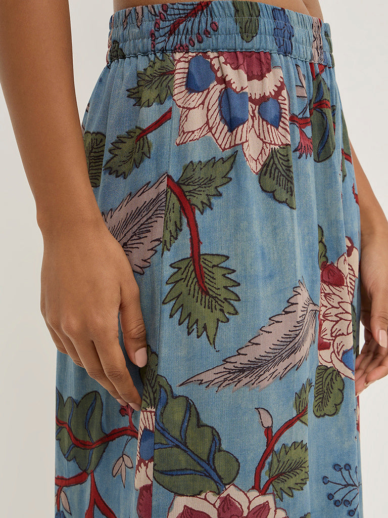 Utsa Blue Floral Printed High-Rise Palazzos