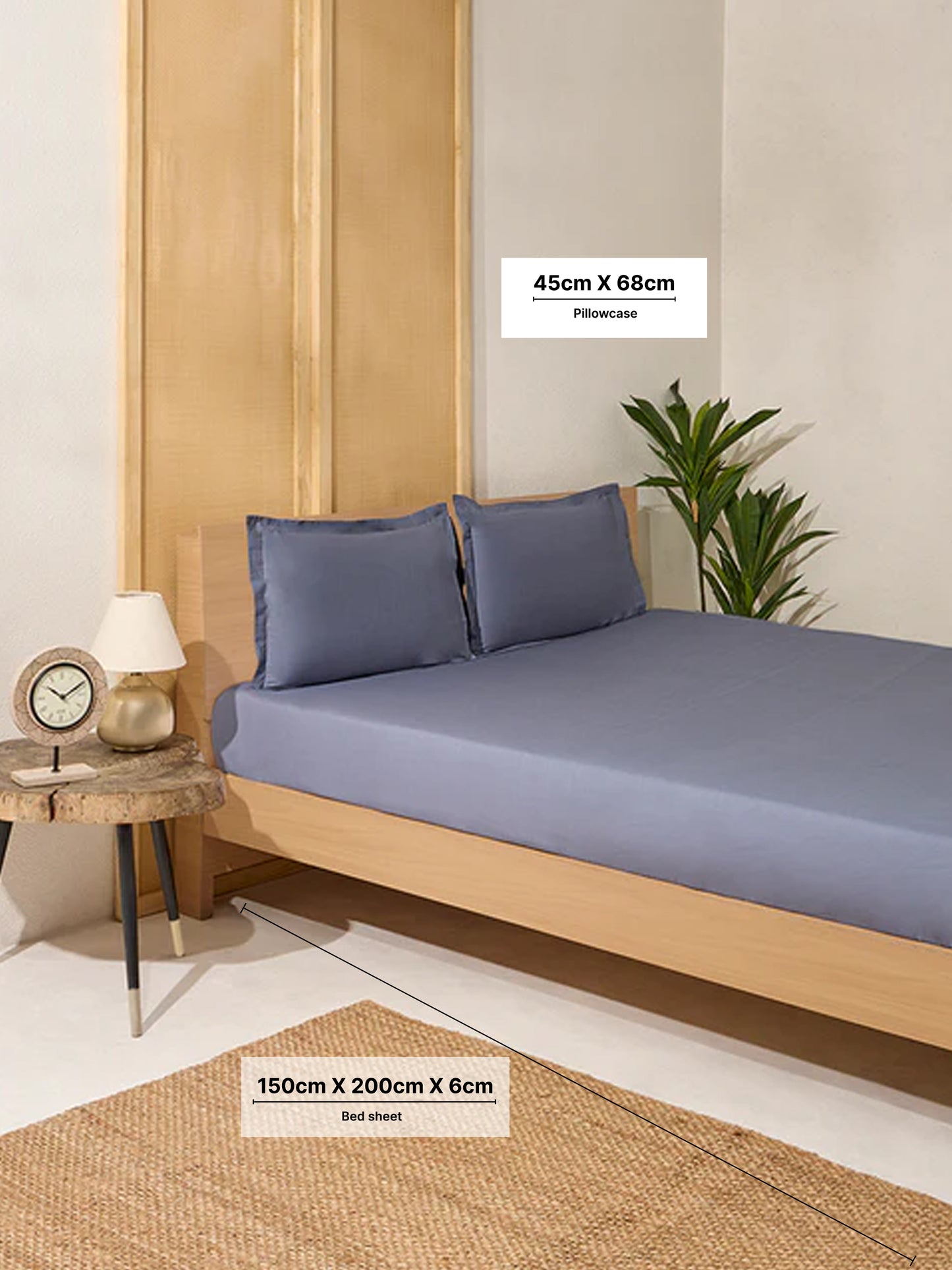 Westside Home Dark Grey Solid Double Bed Fitted Sheet and Pillowcase Set