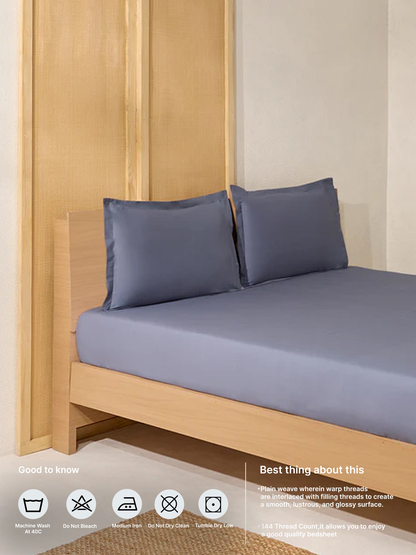 Westside Home Dark Grey Solid Double Bed Fitted Sheet and Pillowcase Set