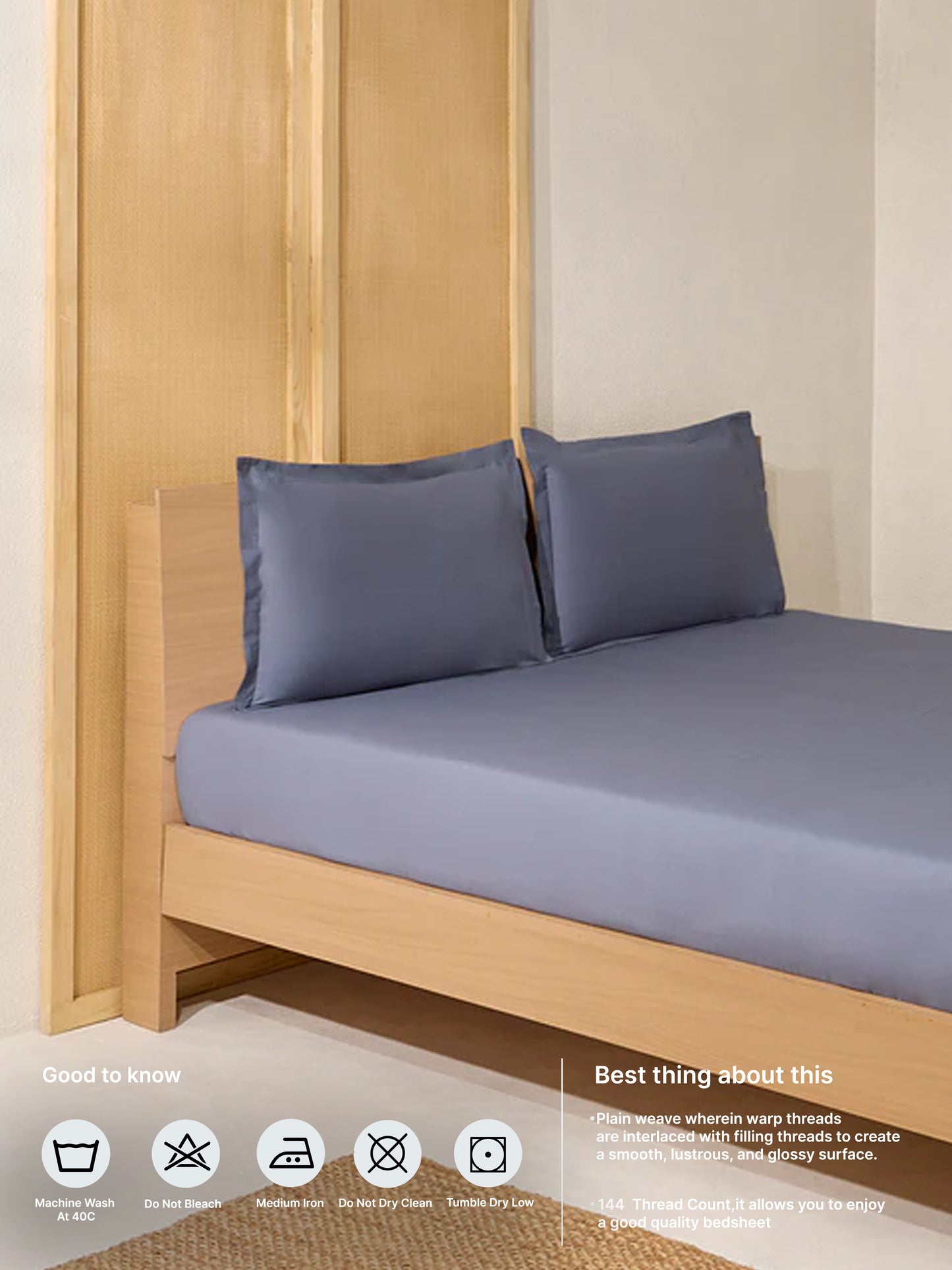 Westside Home Dark Grey Solid King Bed Fitted Sheet and Pillowcase Set
