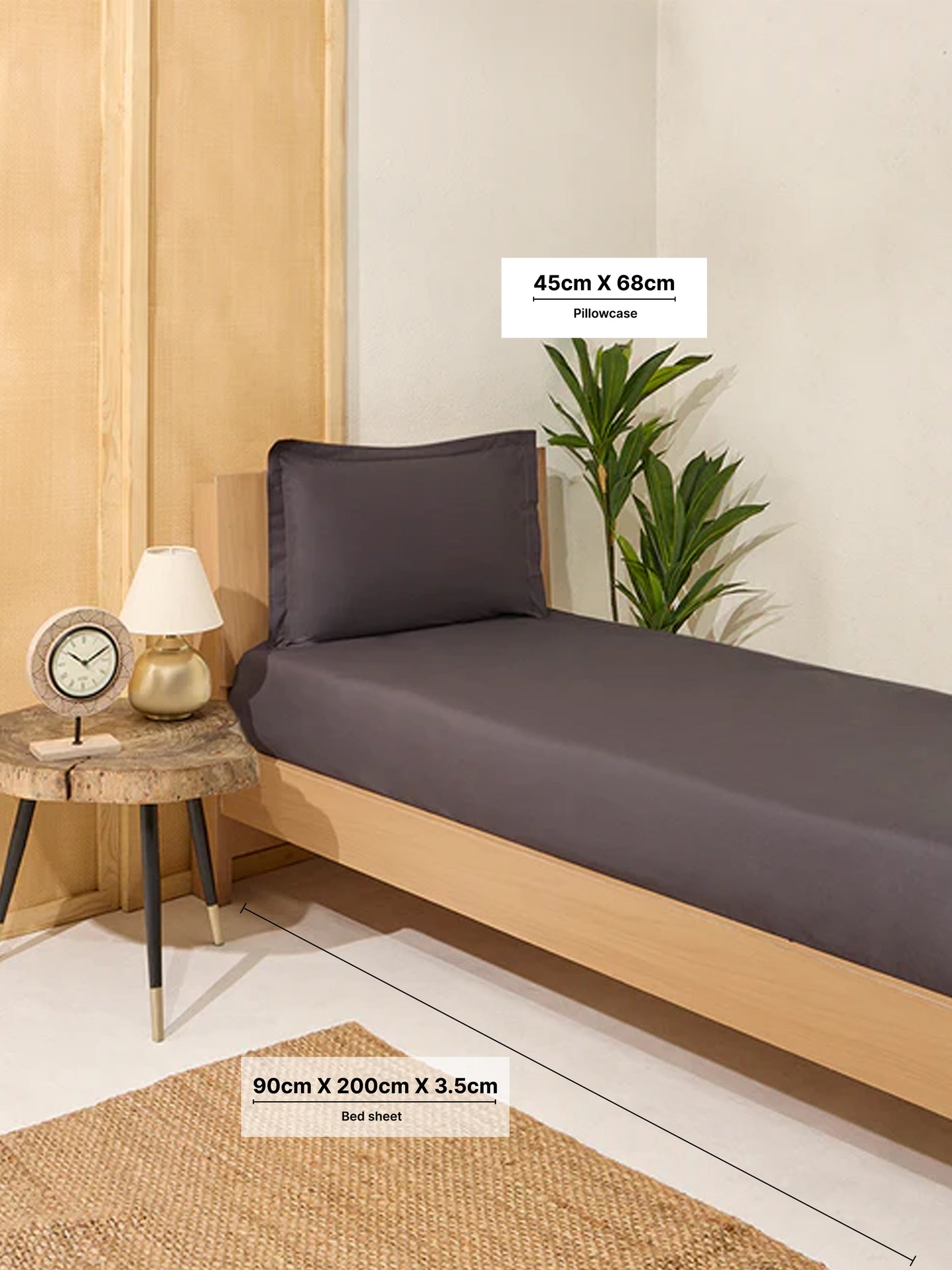 Westside Home Charcoal Solid Single Bed Fitted Sheet and Pillowcase Set