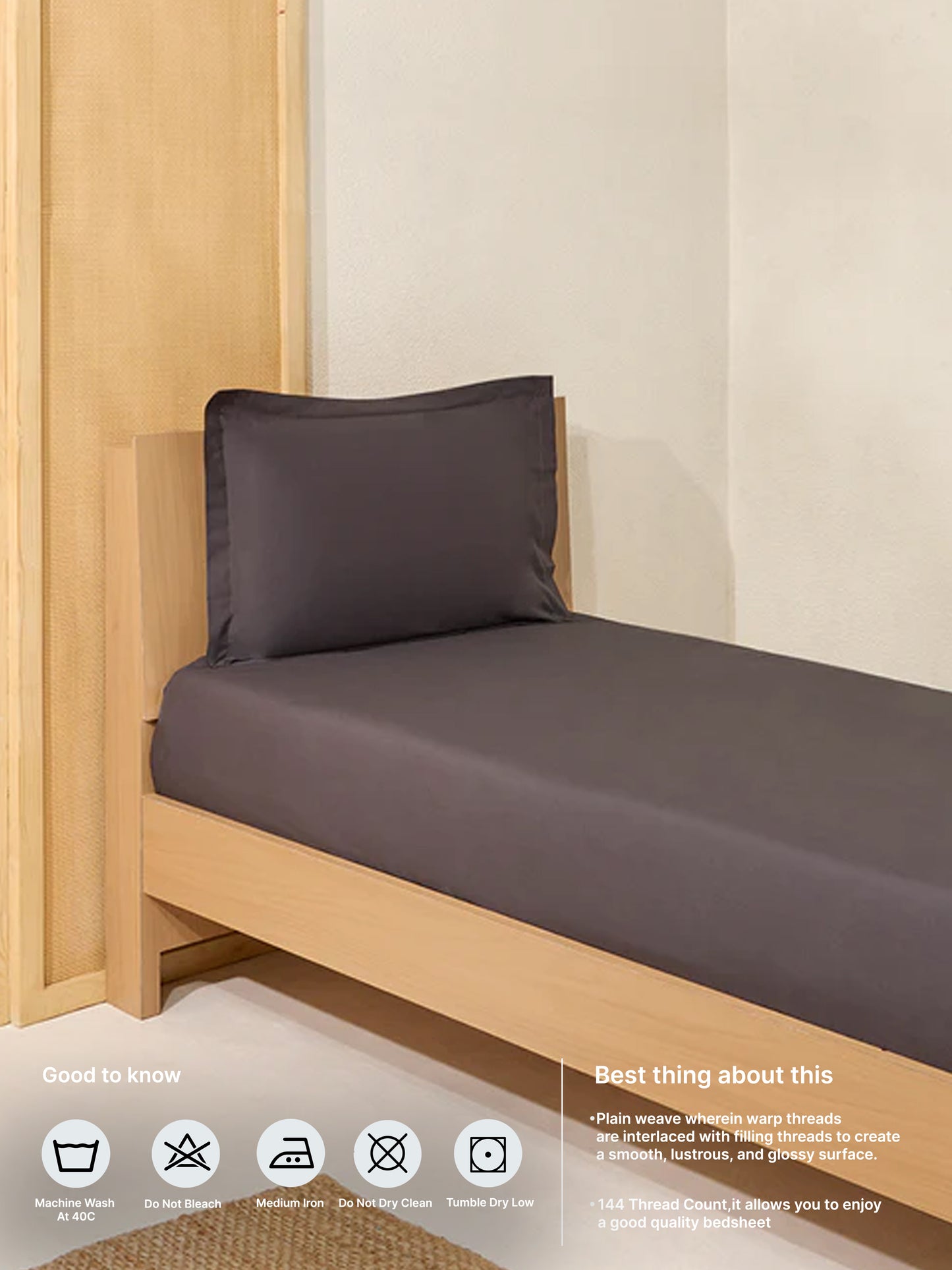 Westside Home Charcoal Solid Single Bed Fitted Sheet and Pillowcase Set