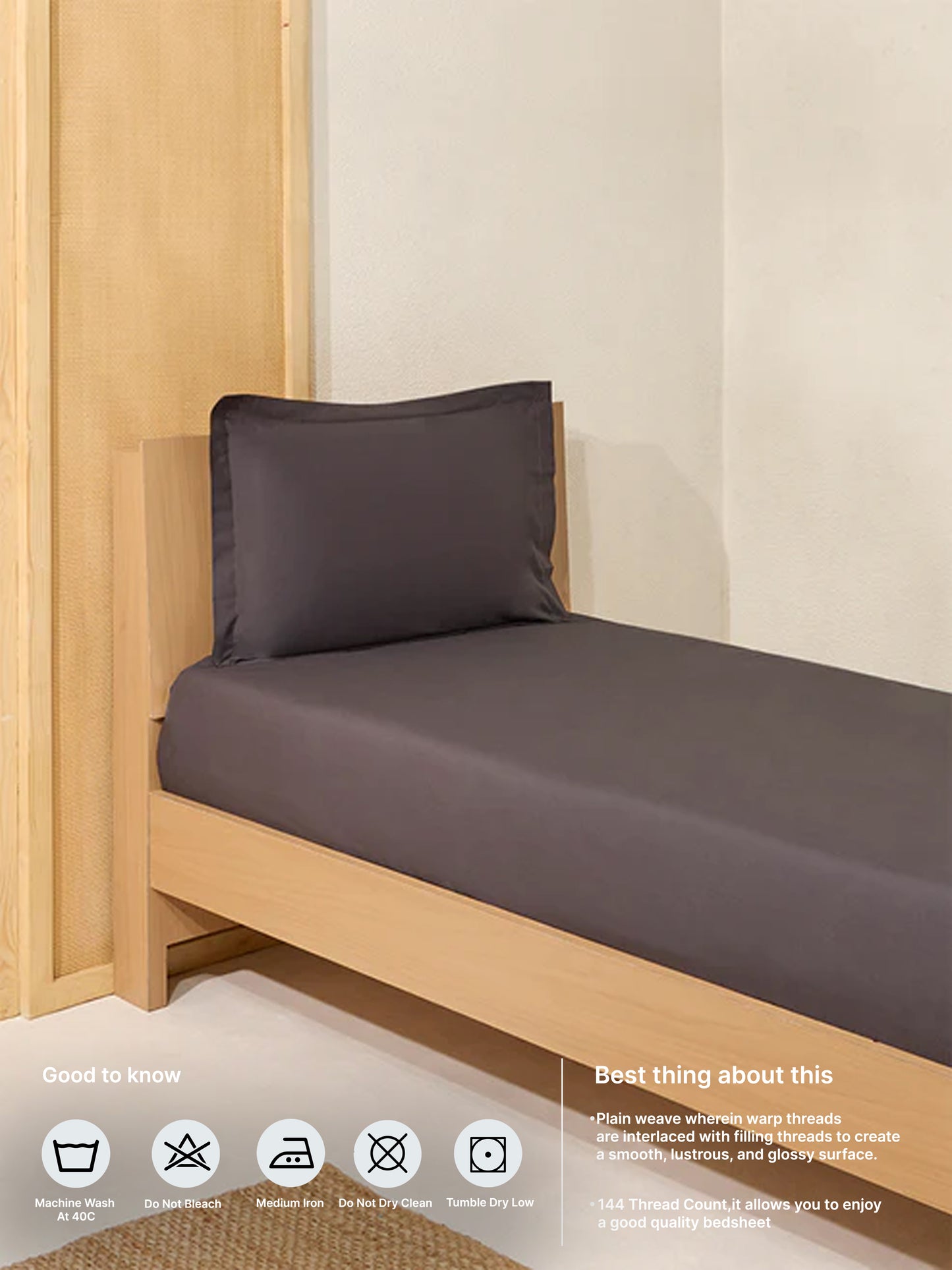 Westside Home Charcoal Solid Single Bed Flat Sheet and Pillowcase Set