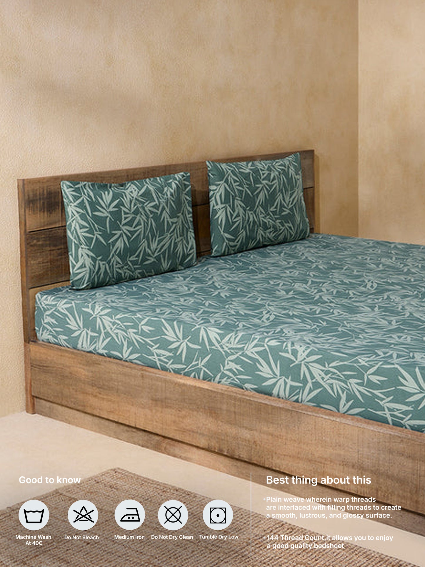 Westside Home Dark Green Leaf Design Queen Bed Fitted Sheet and Pillowcase Set