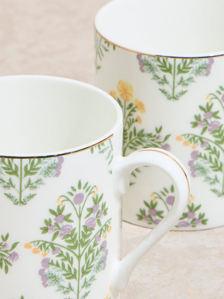 Westside Home Yellow and Green Botanical Printed Large Mugs (Set of 2)
