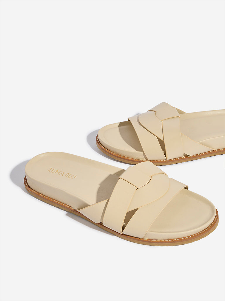 Westside LUNA BLU Women's Beige Criss-Cross Design Comfort Slides for Casual Wear Zoomed View