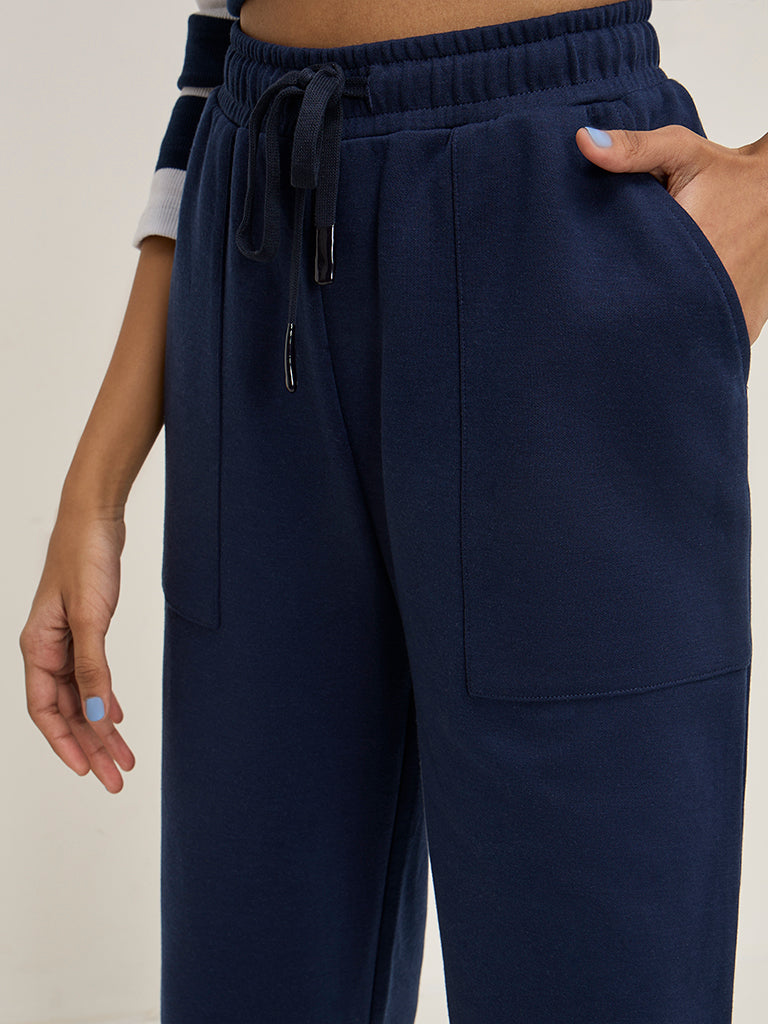 Studiofit Navy High-Rise Cotton-Blend Track Pants