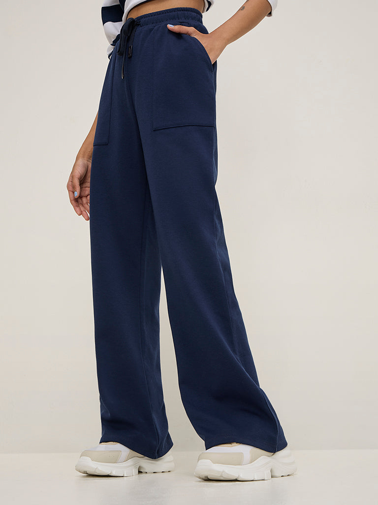 Studiofit Navy High-Rise Cotton-Blend Track Pants