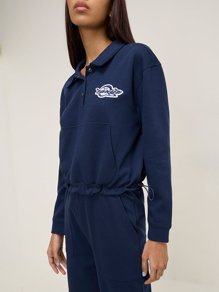 Studiofit Navy Text Printed Cotton-Blend Sweatshirt