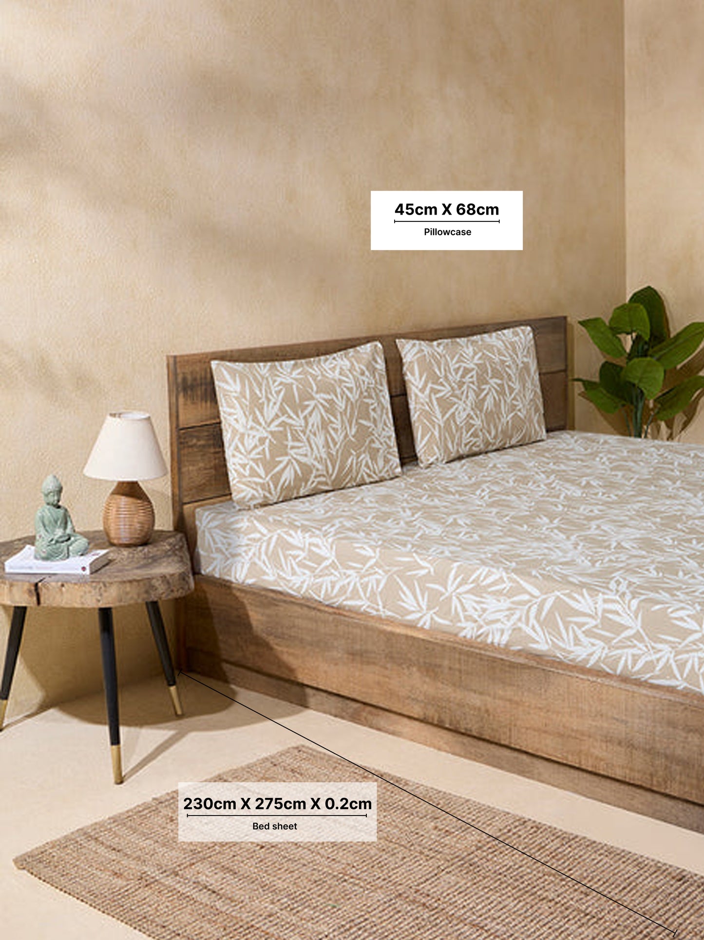 Westside Home Beige Leaf Design Queen Bed Flat Sheet and Pillowcase Set