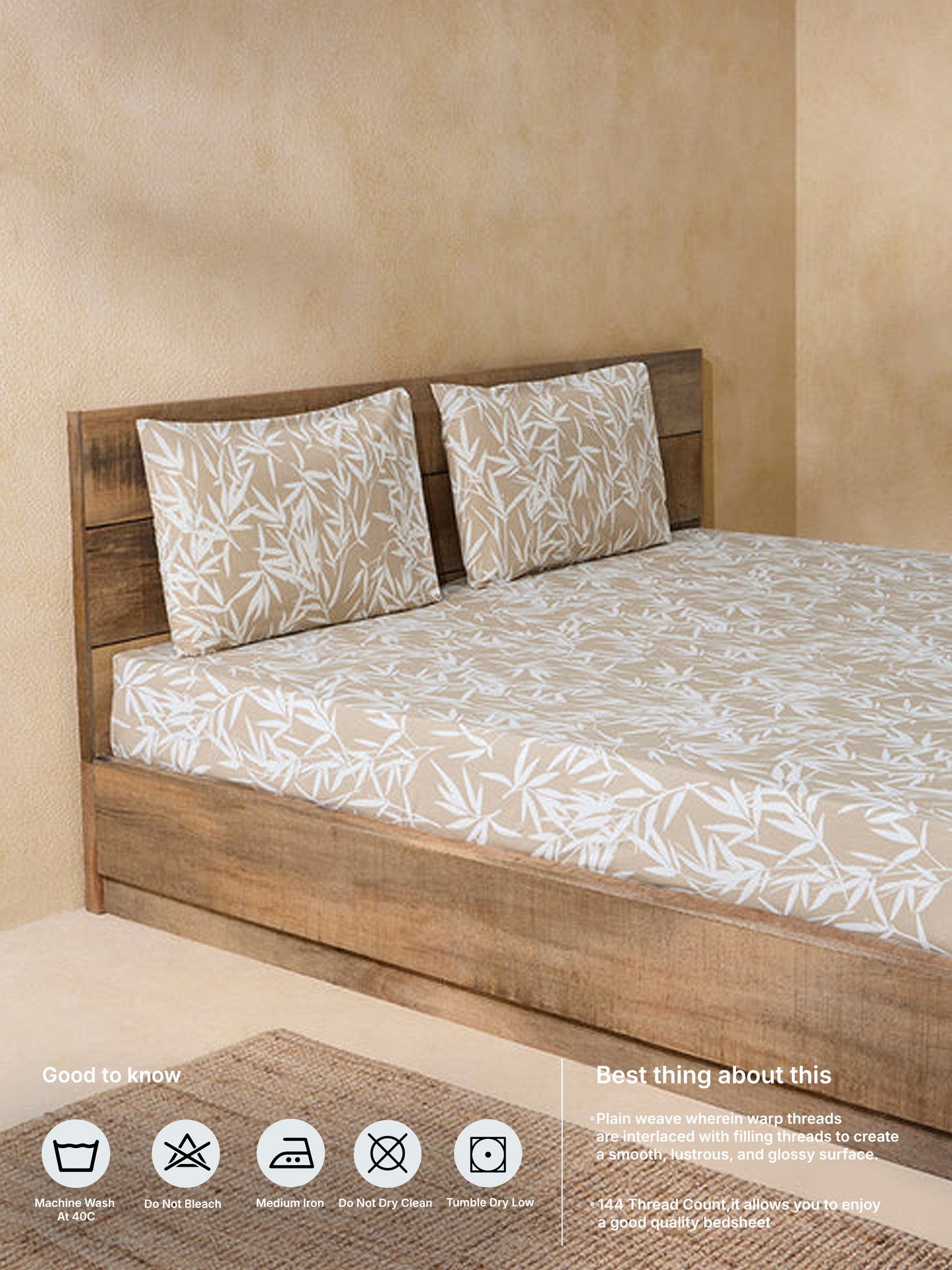 Westside Home Beige Leaf Design Queen Bed Flat Sheet and Pillowcase Set