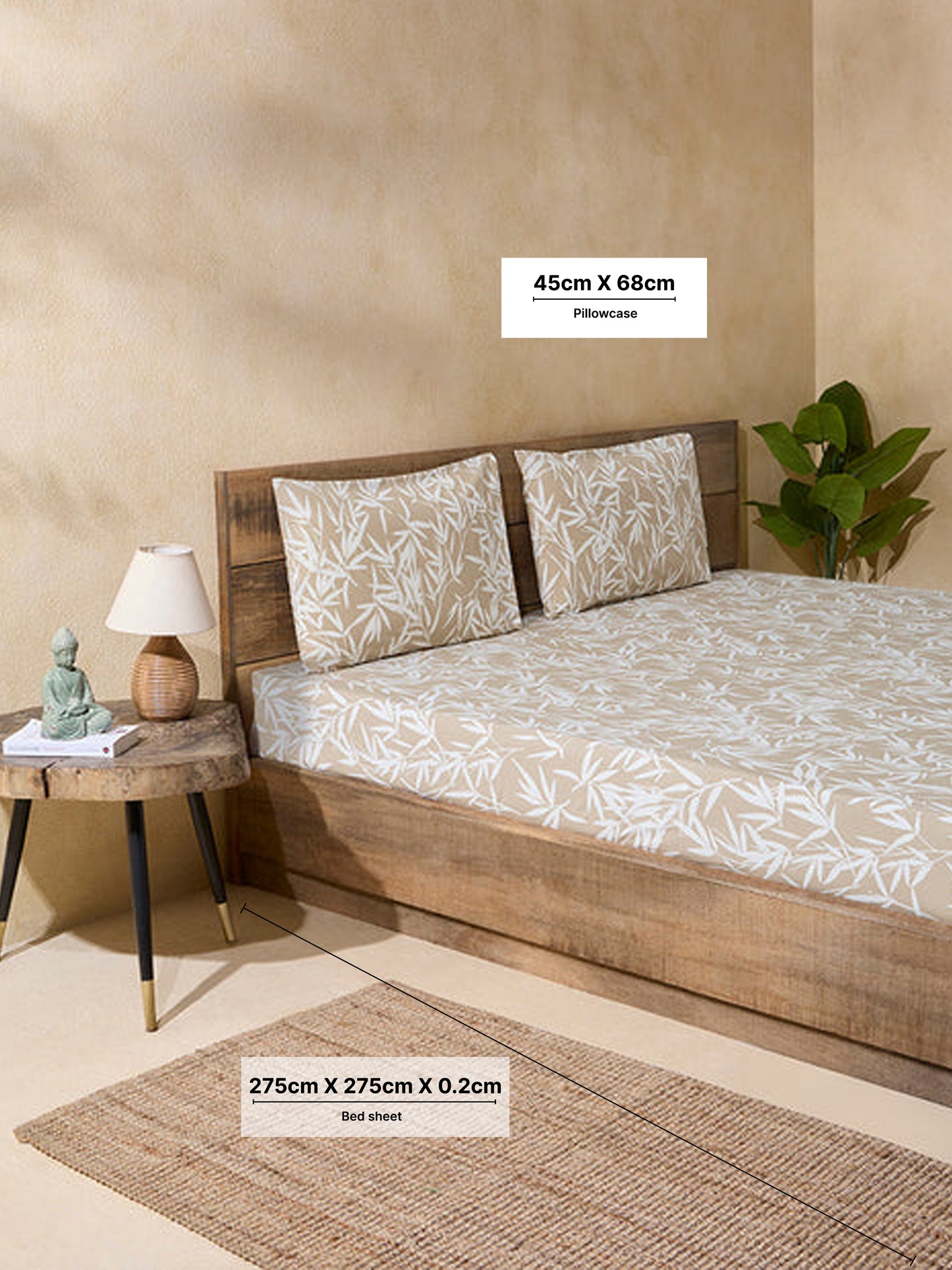 Westside Home Beige Leaf Design King Bed Flat Sheet and Pillowcase Set