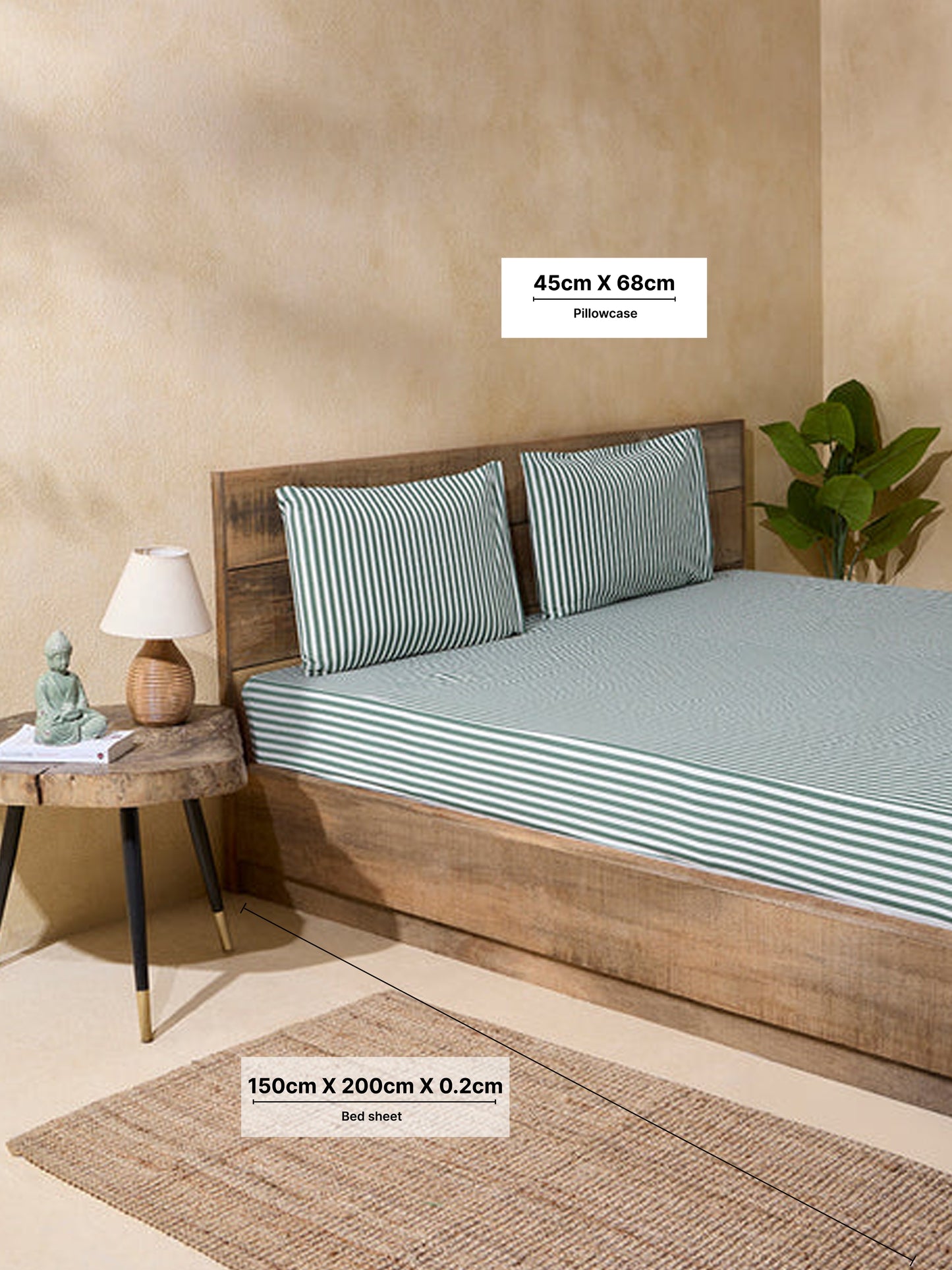 Westside Home Dark Green Striped Double Bed Fitted Sheet and Pillowcase Set