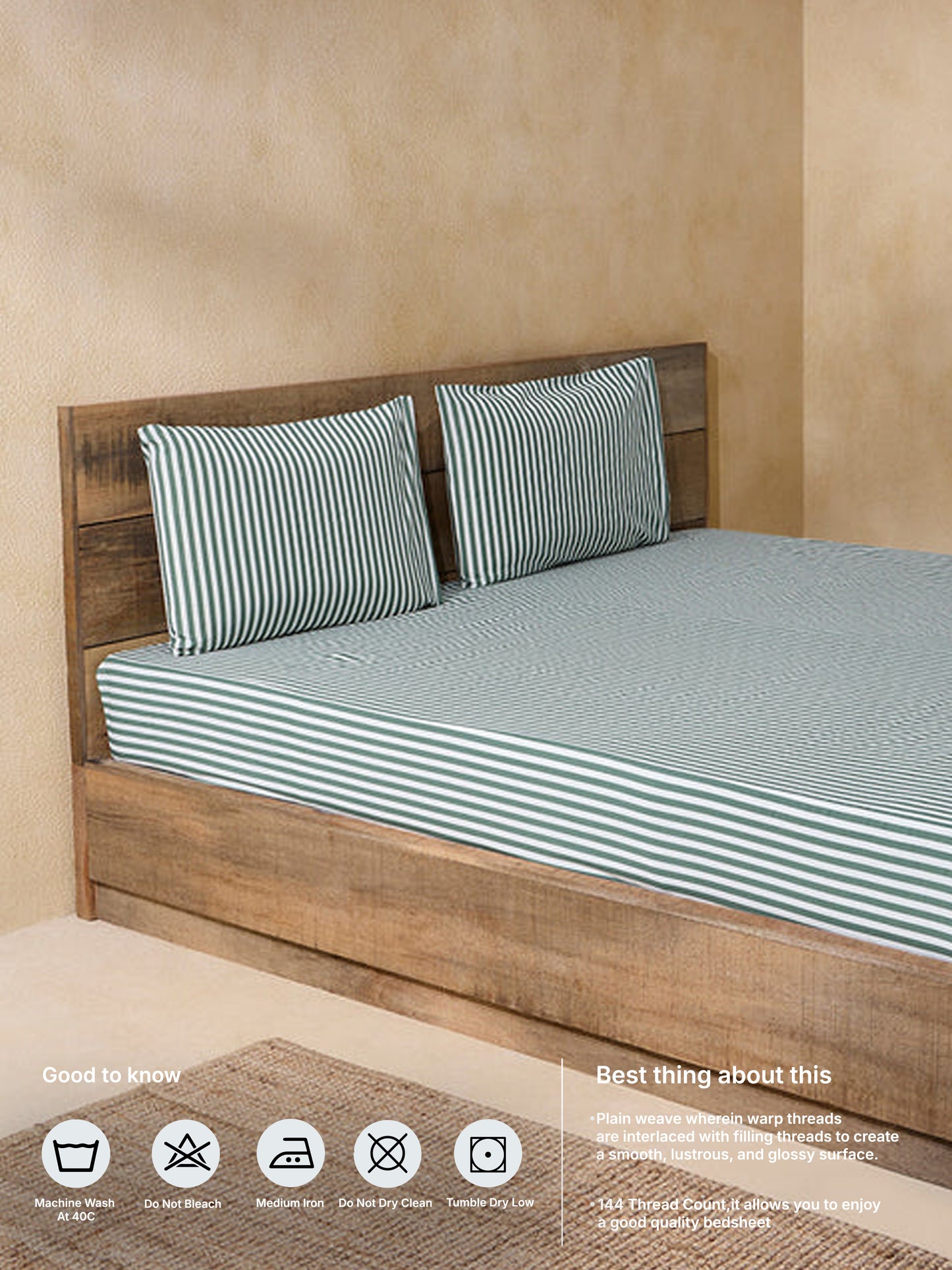 Westside Home Dark Green Striped Queen Bed Fitted Sheet and Pillowcase Set