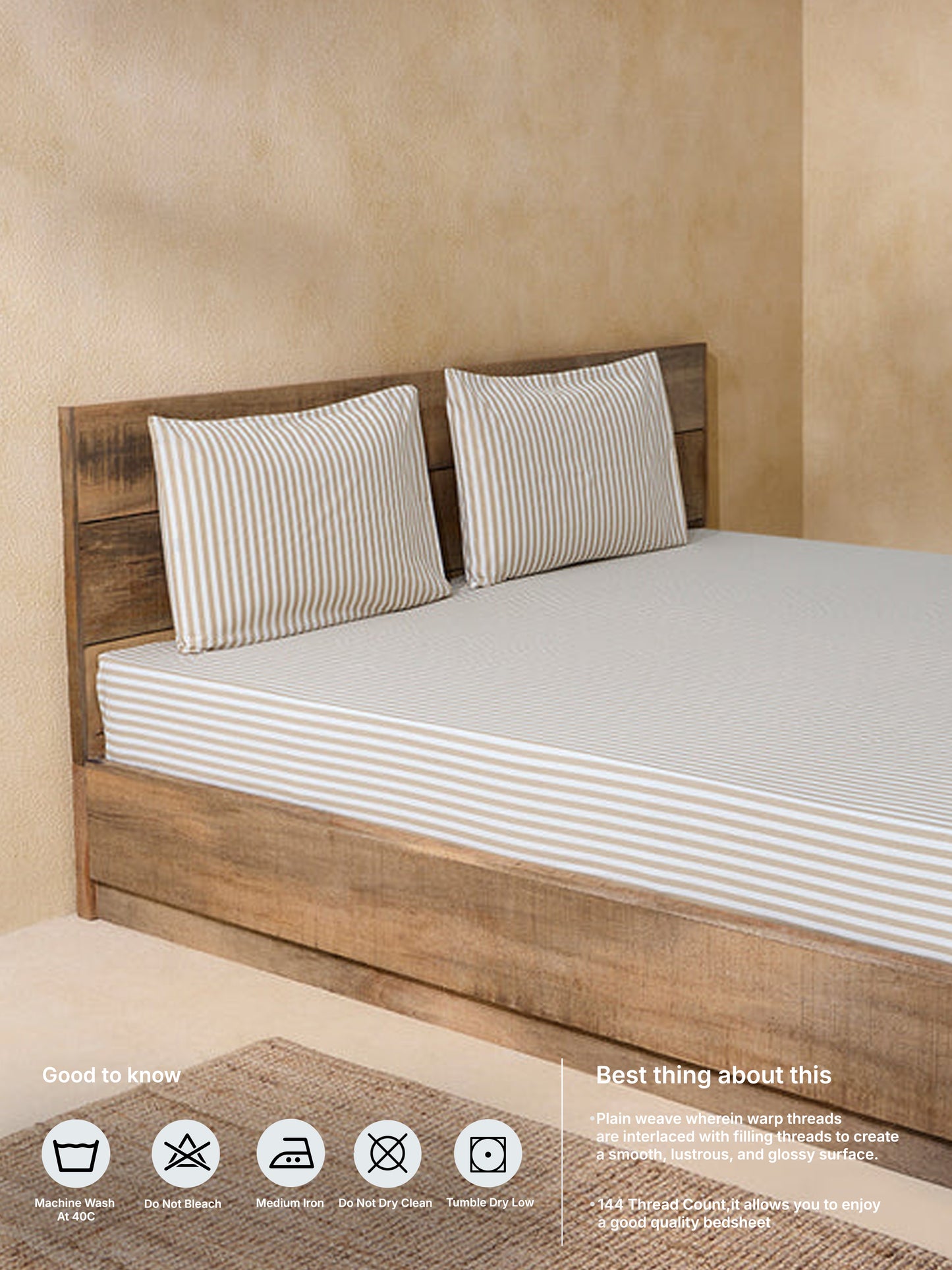 Westside Home Beige Stripe Printed Queen Bed Flat Sheet and Pillowcase Set