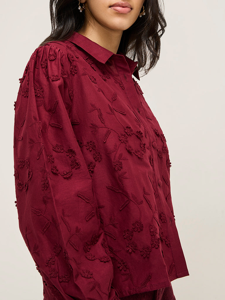 LOV Burgundy Floral Detailed Cotton Shirt