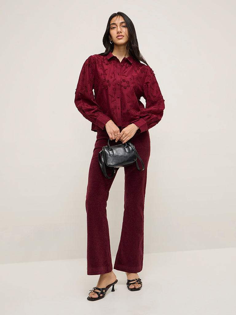 LOV Burgundy Floral Detailed Cotton Shirt