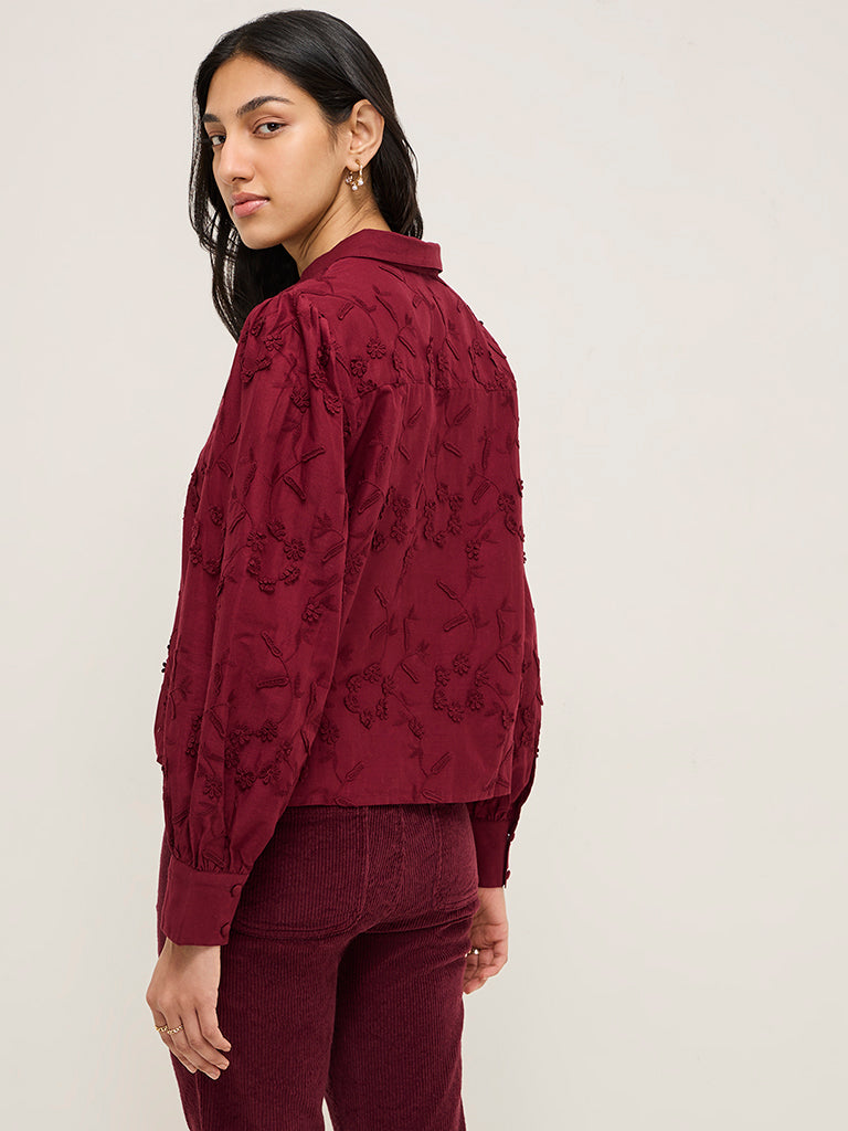 LOV Burgundy Floral Detailed Cotton Shirt