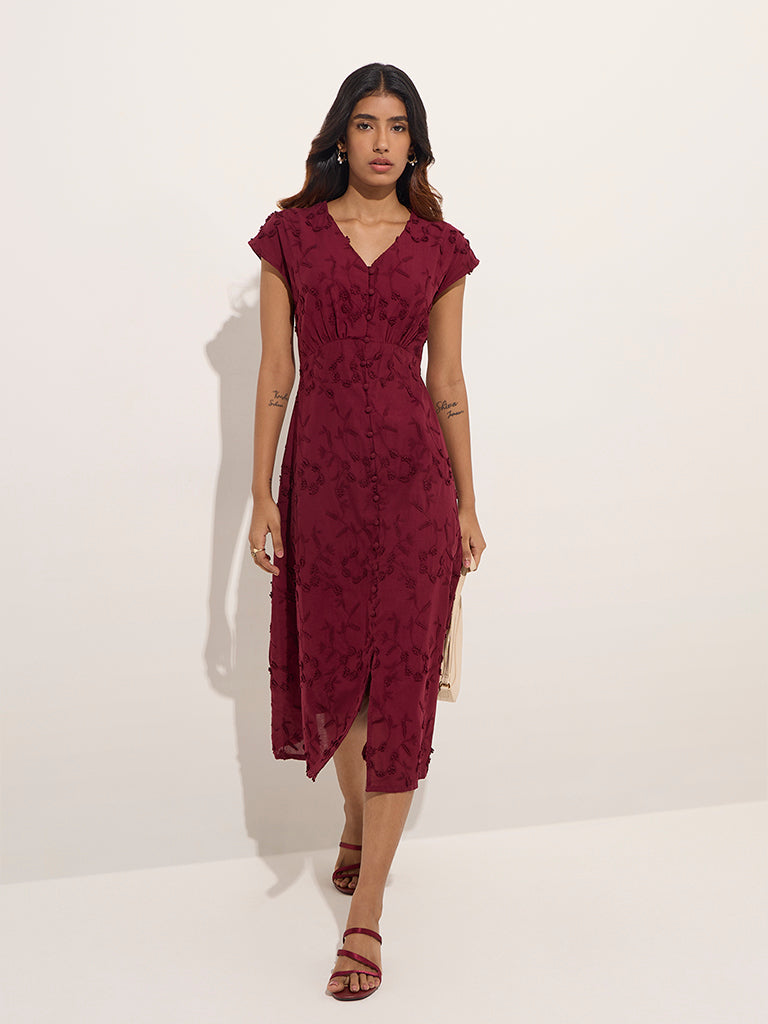 Buy LOV Burgundy Floral-Detailed Cotton A-Line Dress from Westside