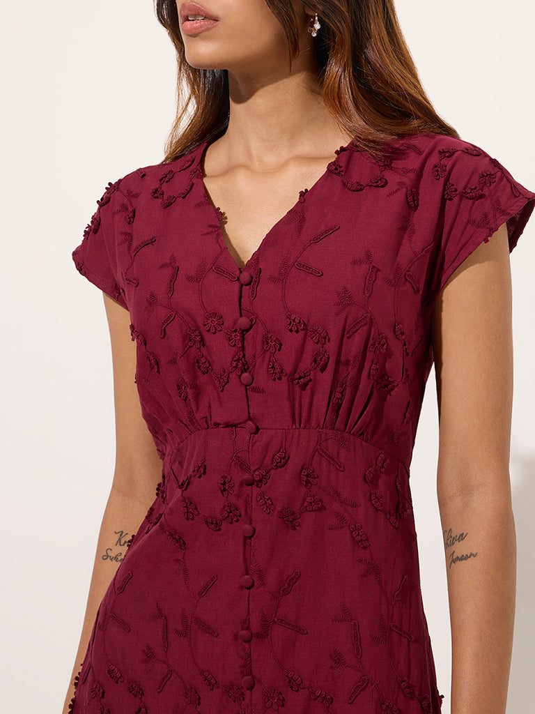 LOV Burgundy Floral-Detailed Cotton A-Line Dress