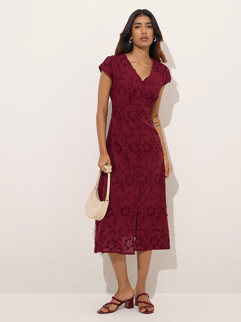 LOV Burgundy Floral-Detailed Cotton A-Line Dress