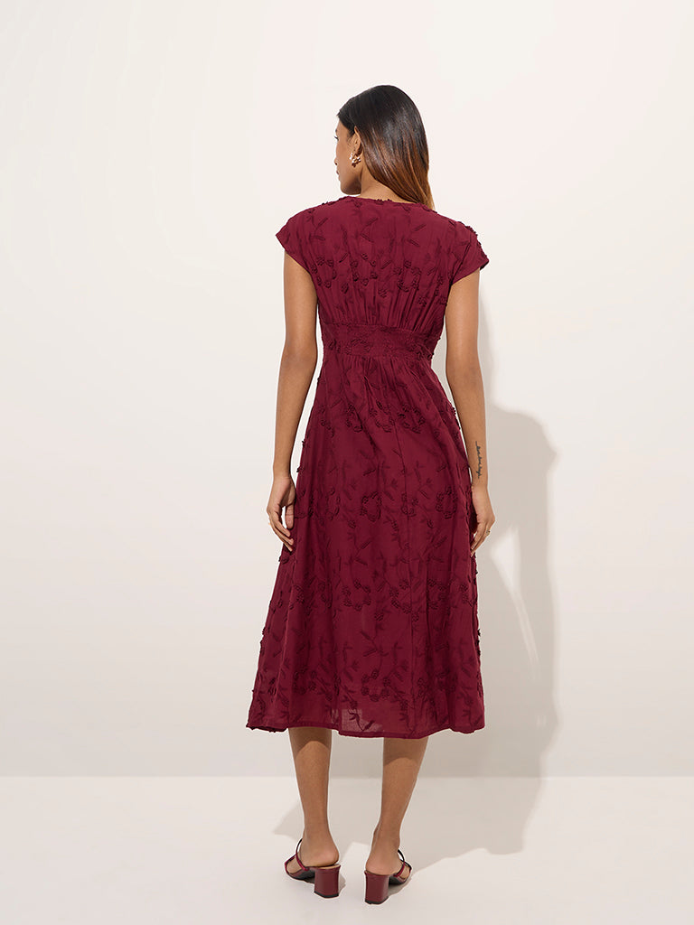 LOV Burgundy Floral-Detailed Cotton A-Line Dress
