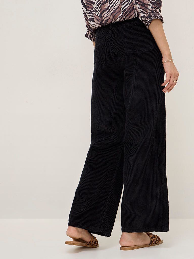 LOV Black Corduroy High-Rise Cotton-Blend Trousers