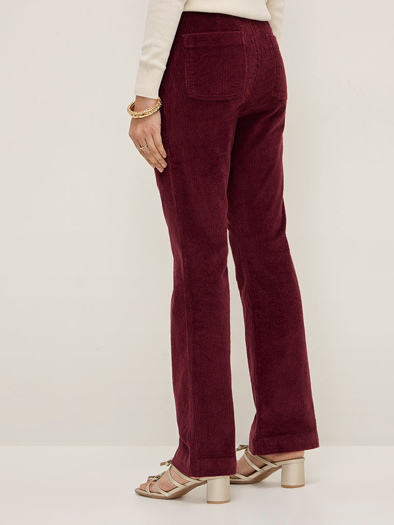 LOV Burgundy Ribbed Corduroy High-Rise Cotton-Blend Pants