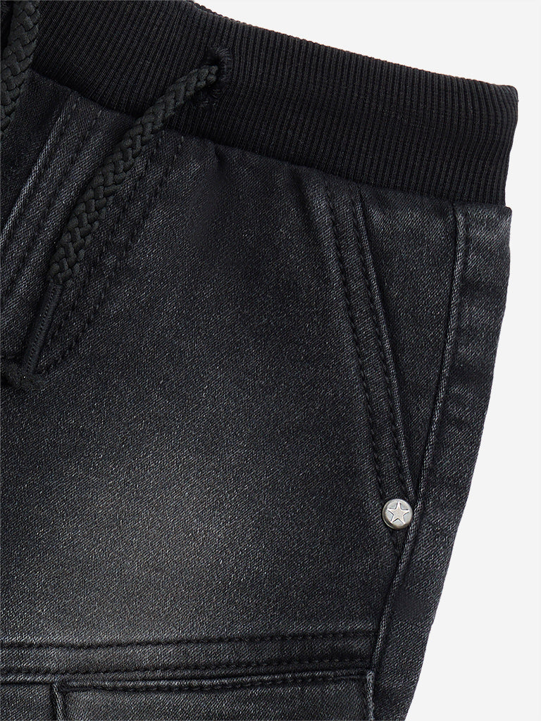 Westside HOP Baby Boy's Black Faded Denim Mid-Rise Shorts for Casual Wear Zoomed View