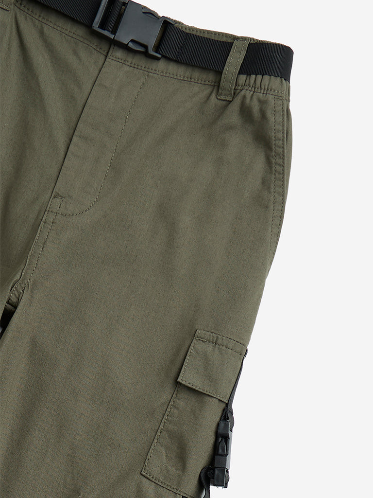 Y&F Kids Olive Buckle-Detailed Mid-Rise Cotton Joggers