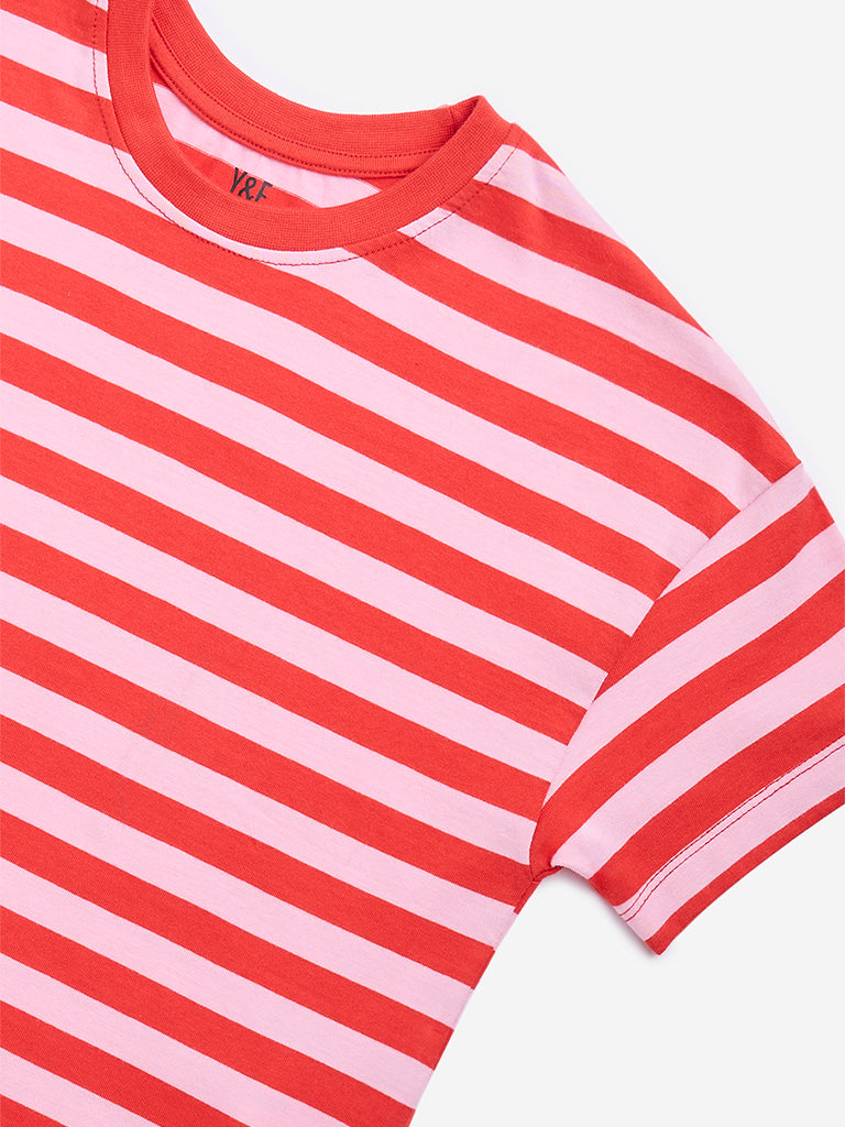 Westside Y&F Girl's Red Stripe Printed Cotton T-Shirt for Casual Wear Zoomed View