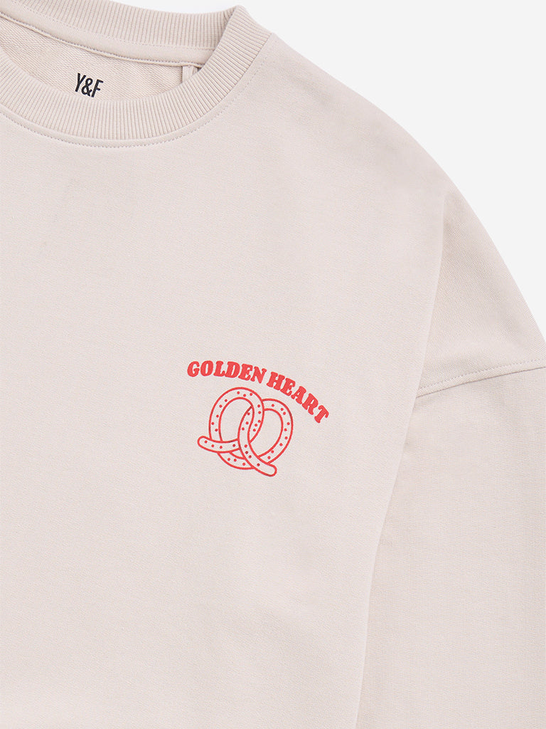 Westside Y&F Girl's Beige Typographic Print Cotton-Blend Sweatshirt for Winter Wear Zoomed View