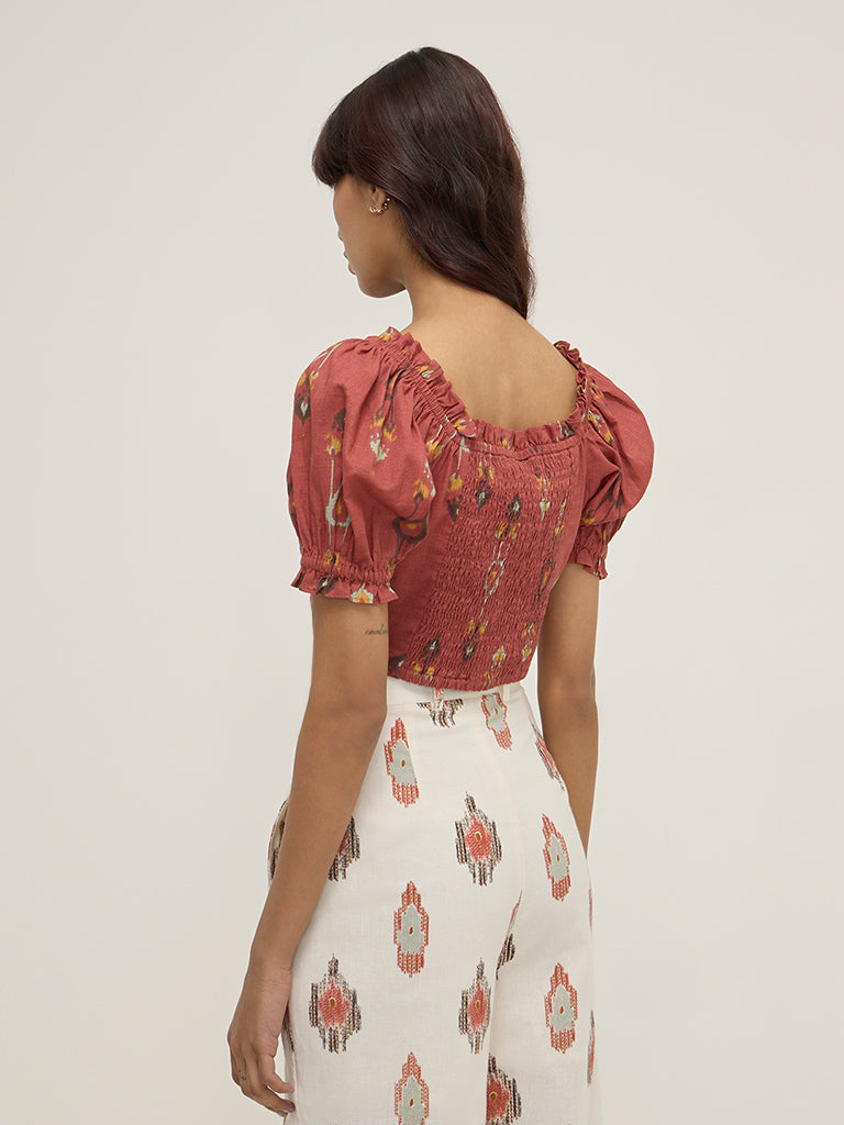 Westside Bombay Paisley Women's Rust Ikat Printed Cotton Top for Everyday Back View