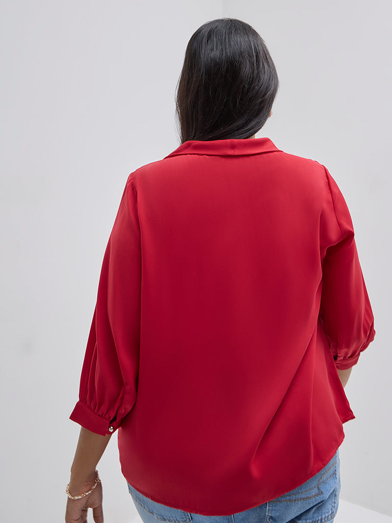 Gia Red Tie-Up Detailed Cotton-Blend Top