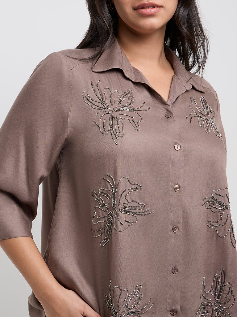 Gia Taupe Floral Embellished Shirt