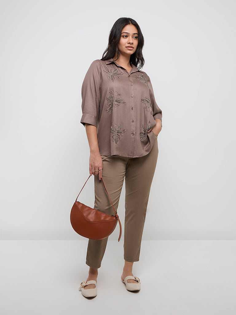 Gia Taupe Floral Embellished Shirt