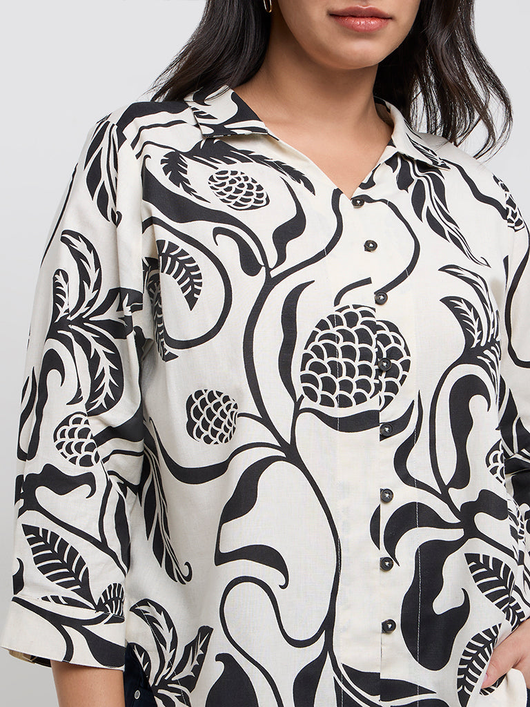 Gia Off-White Botanical Printed Cotton-Blend High-Low Shirt