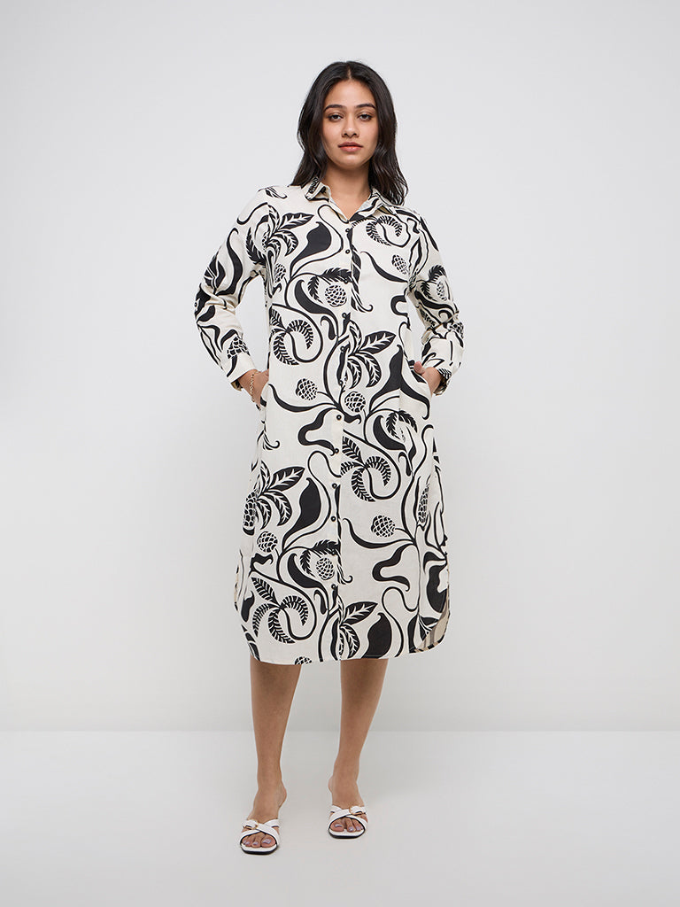 Gia Off-White Botanical Printed Cotton-Blend Shirt Dress