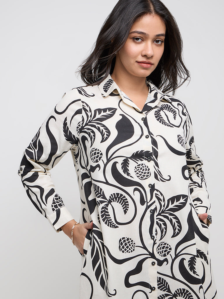 Gia Off-White Botanical Printed Cotton-Blend Shirt Dress