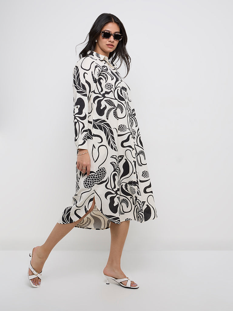 Gia Off-White Botanical Printed Cotton-Blend Shirt Dress