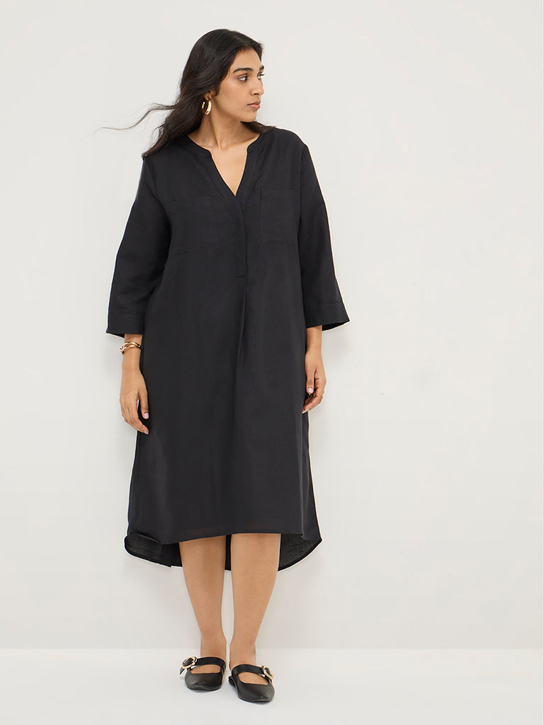 Gia Black High-Low Linen-Blend A-Line Dress