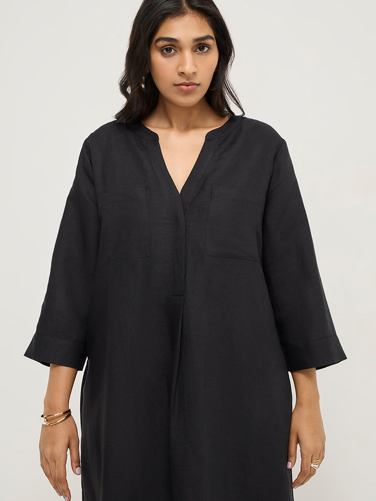 Gia Black High-Low Linen-Blend A-Line Dress