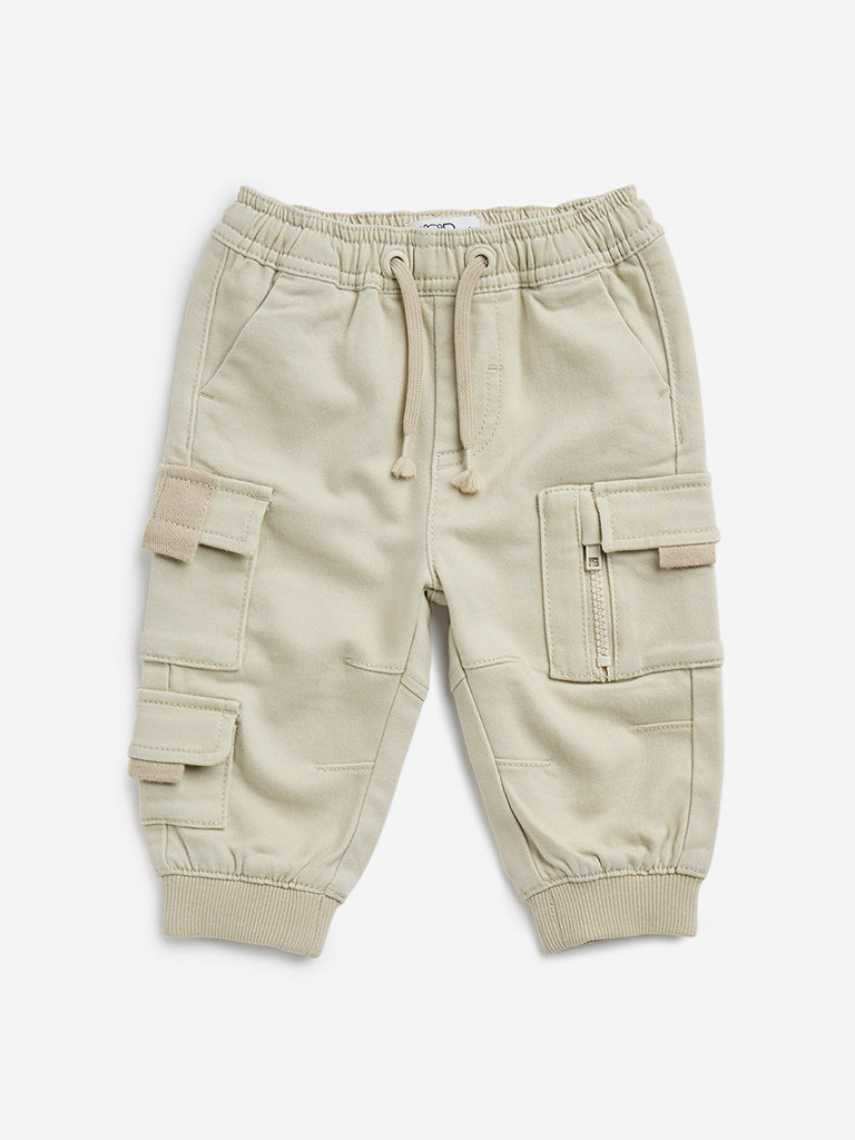 Westside HOP Baby Boy's Beige Cargo-Style High-Rise Cotton-Blend Joggers for Casual Wear Front View