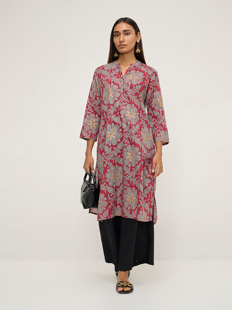 Utsa Maroon Botanical Printed Straight Cotton Kurta